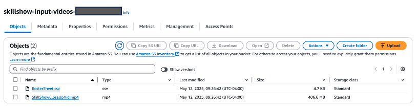 Amazon S3 management console showing two files in skillshow-input-videos bucket with metadata and actions