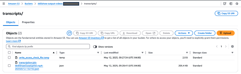 Amazon S3 management console displaying transcripts folder contents, including JSON output and temp file