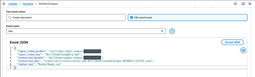 AWS Lambda console displaying test event configuration with S3 bucket and file path parameters
