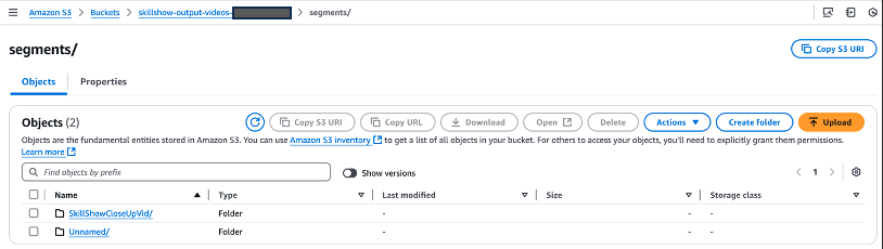 Amazon S3 management interface showing two empty folders within skillshow-output-videos/segments path