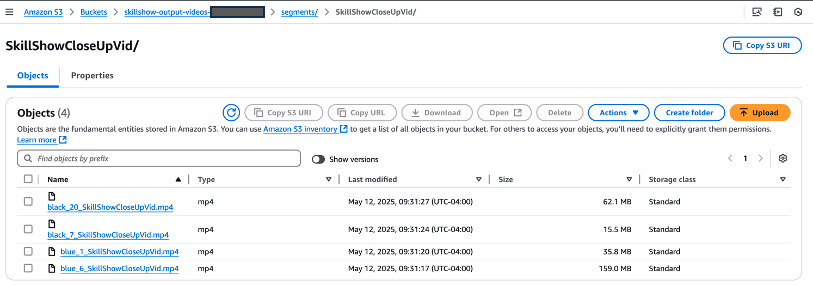 S3 bucket interface showing four timestamped MP4 video segments with metadata and storage details