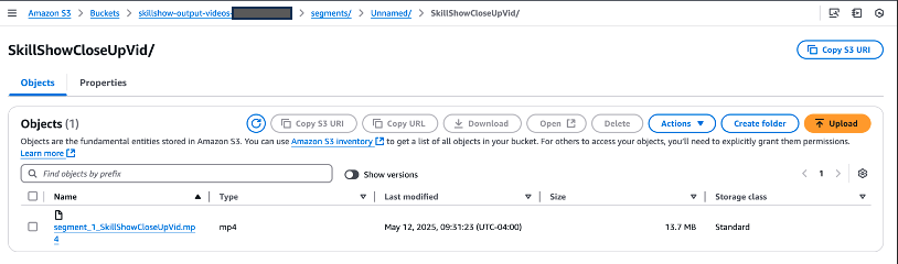 Amazon S3 interface showing segments/Unnamed folder containing unnamed MP4 file with creation date and storage details