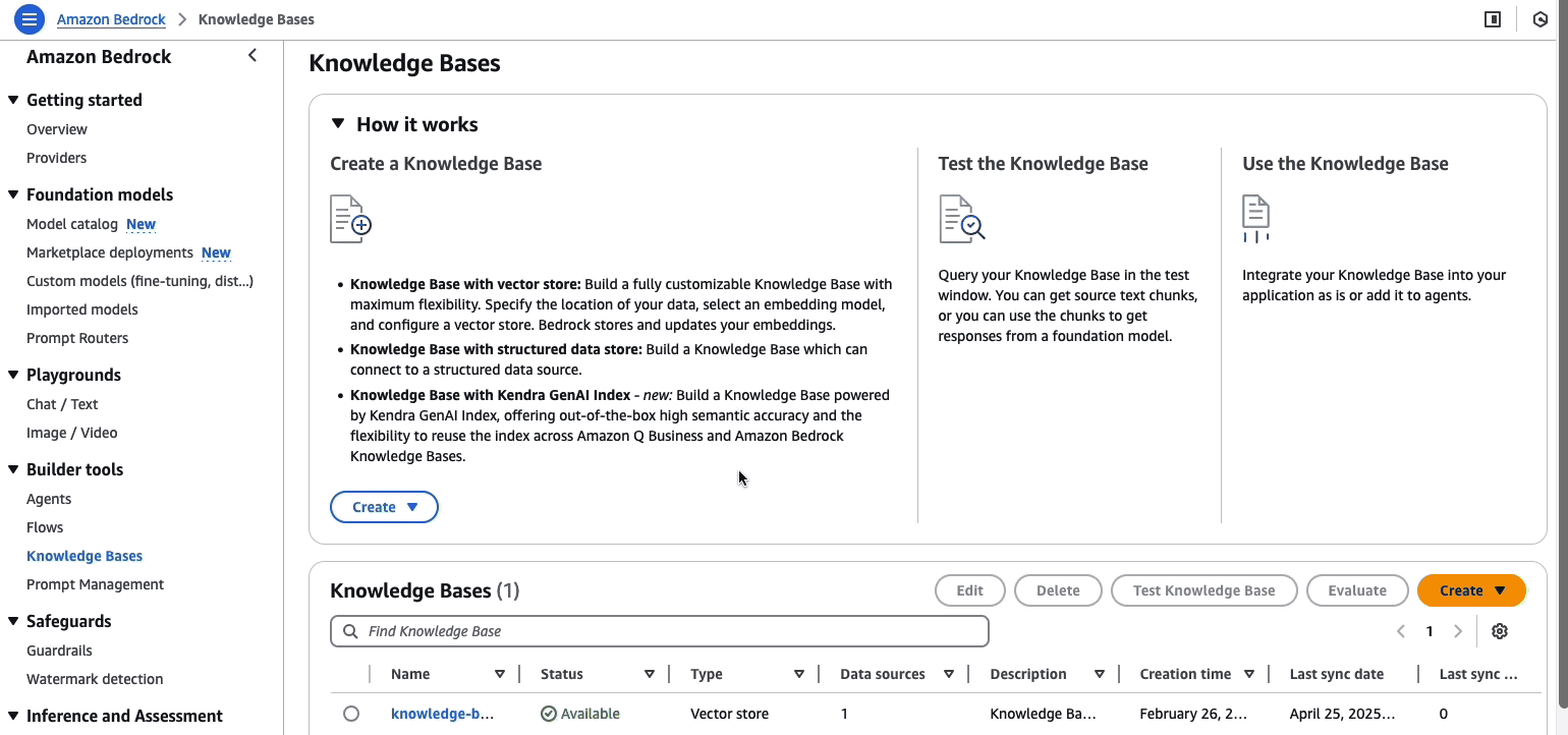Amazon Bedrock Knowledge Bases interface showing one active vector store implementation