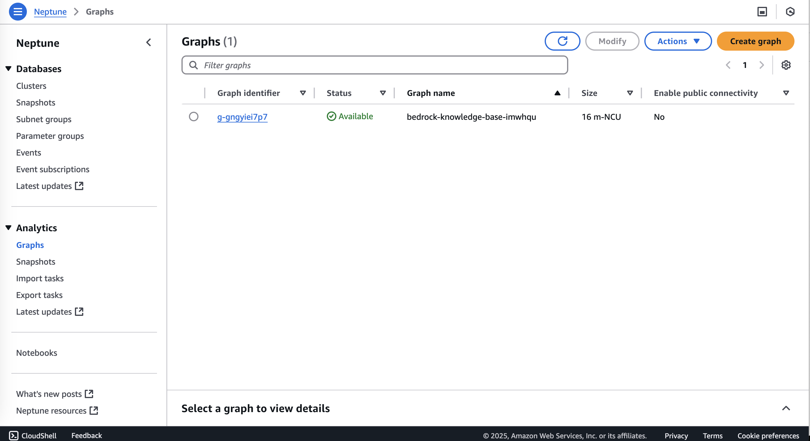 Neptune database graphs interface showing single active graph instance
