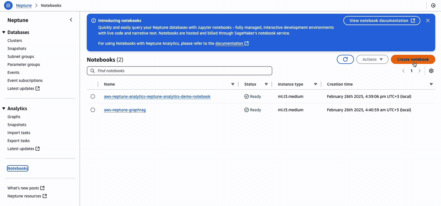 Neptune Notebooks interface showing two active Jupyter notebook instances