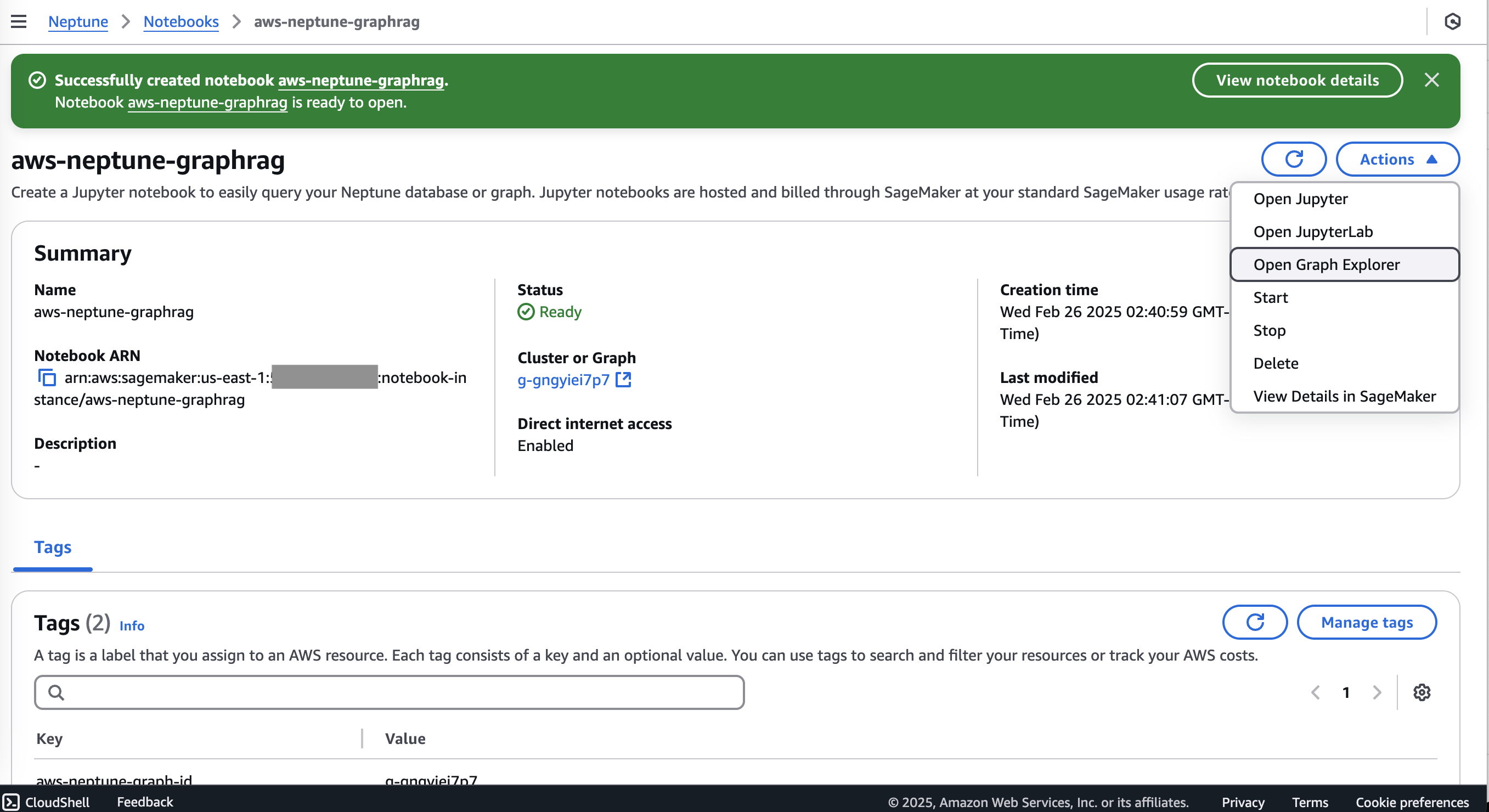 Neptune notebook details page showing aws-neptune-graphraq configuration