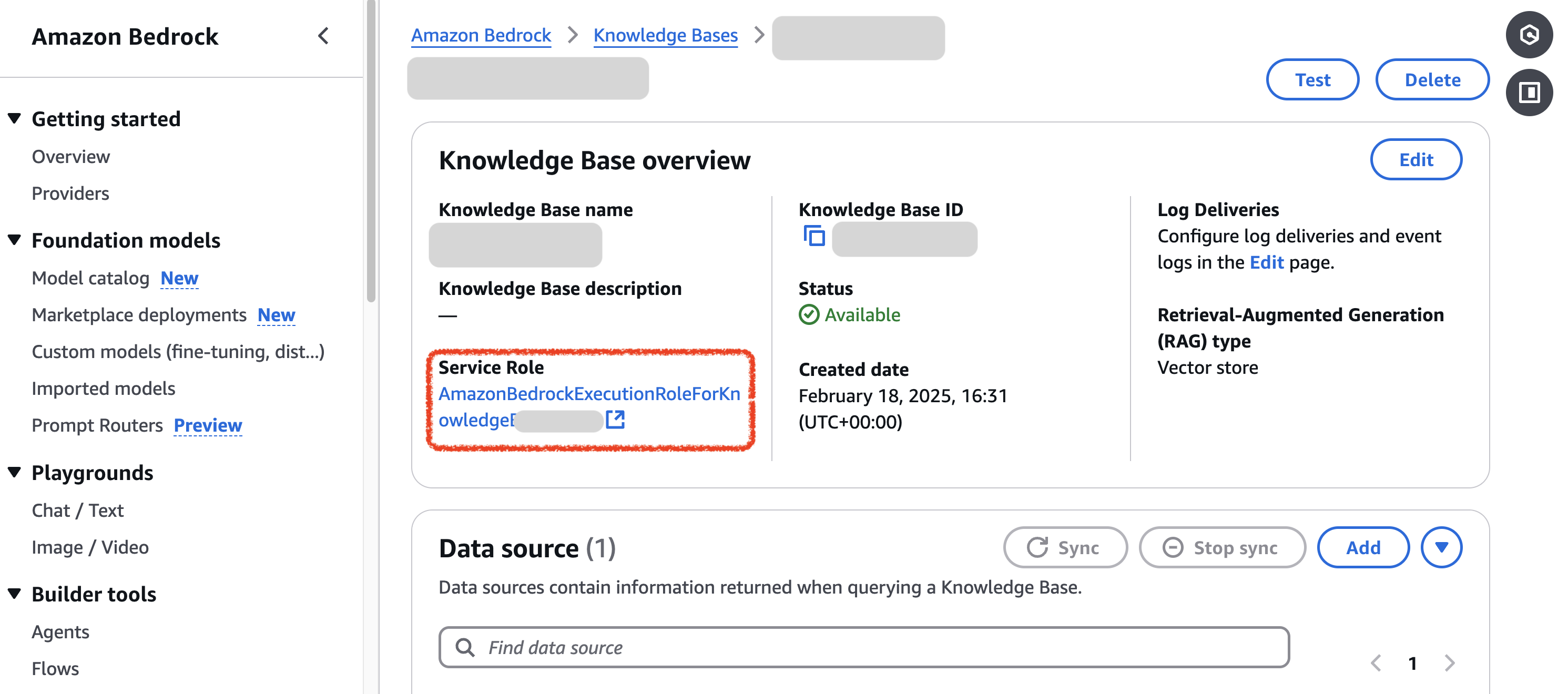 Amazon Bedrock console showing Knowledge Base setup with execution role, vector store configuration, and data source controls