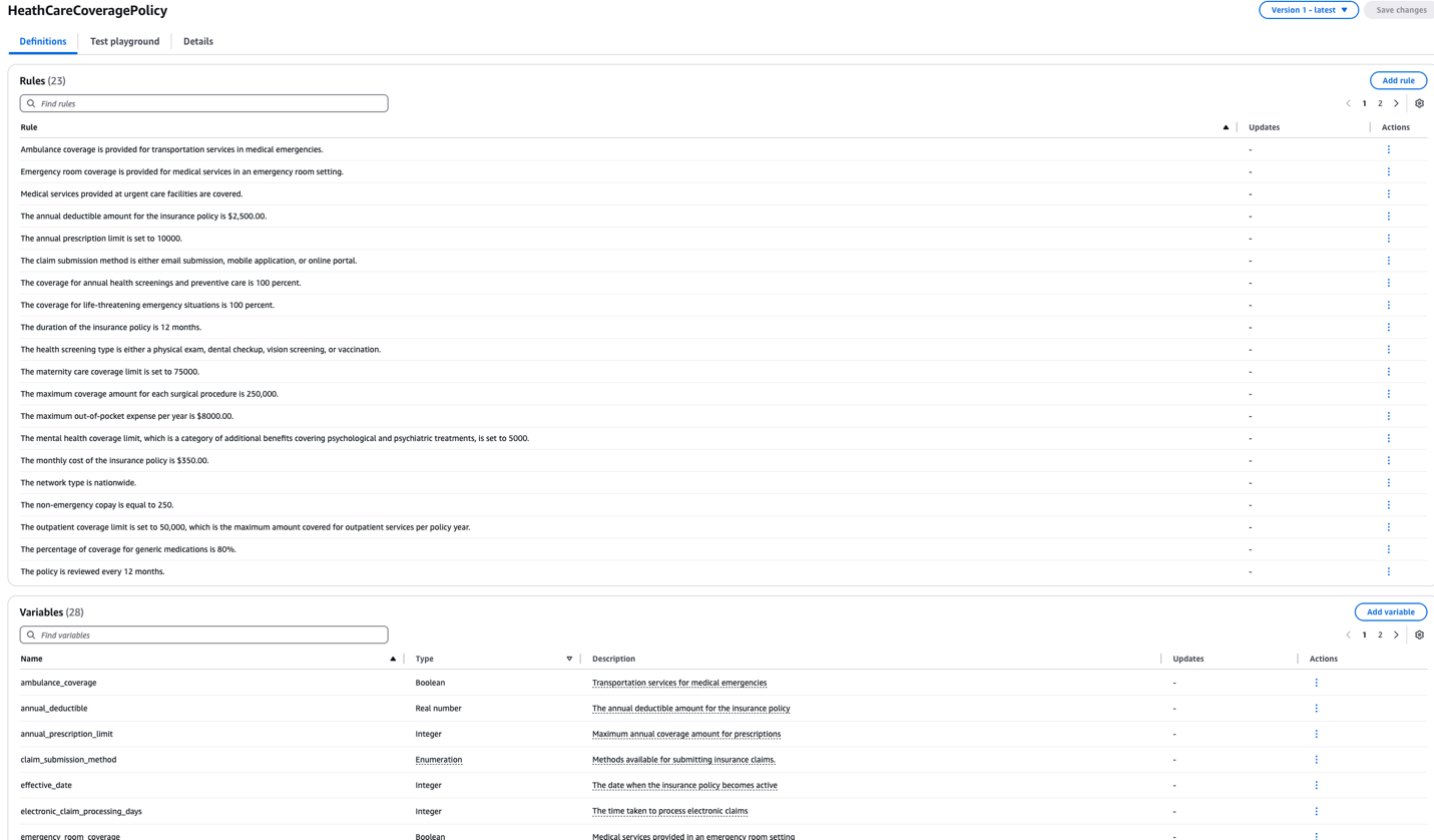Amazon Bedrock policy editor displaying comprehensive healthcare coverage rules and variables with types, descriptions, and configuration options
