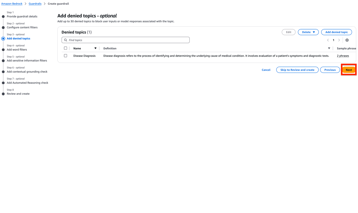 Amazon Bedrock Guardrails configuration interface with Disease Diagnosis as denied topic