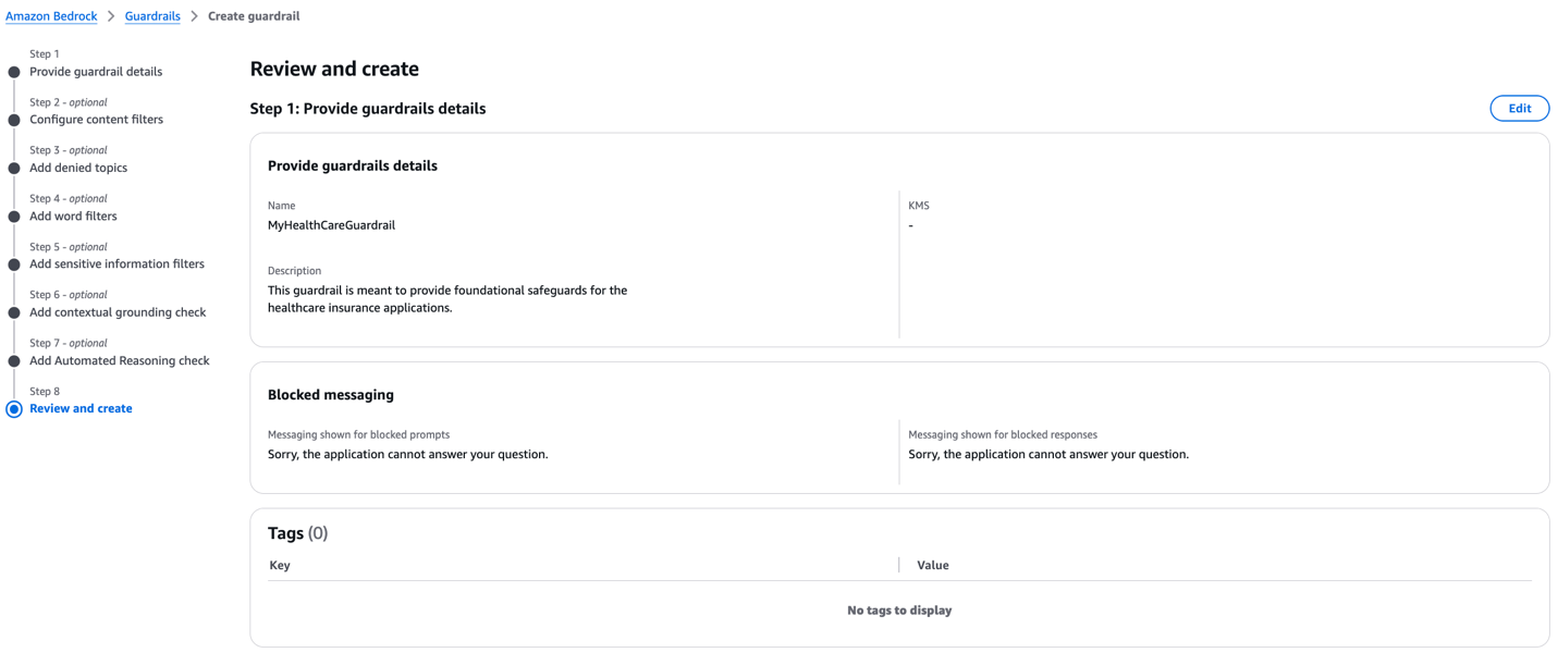 Amazon Bedrock Guardrail 8-step configuration summary showing MyHealthCareGuardrail setup with safety measures and blocked response messages