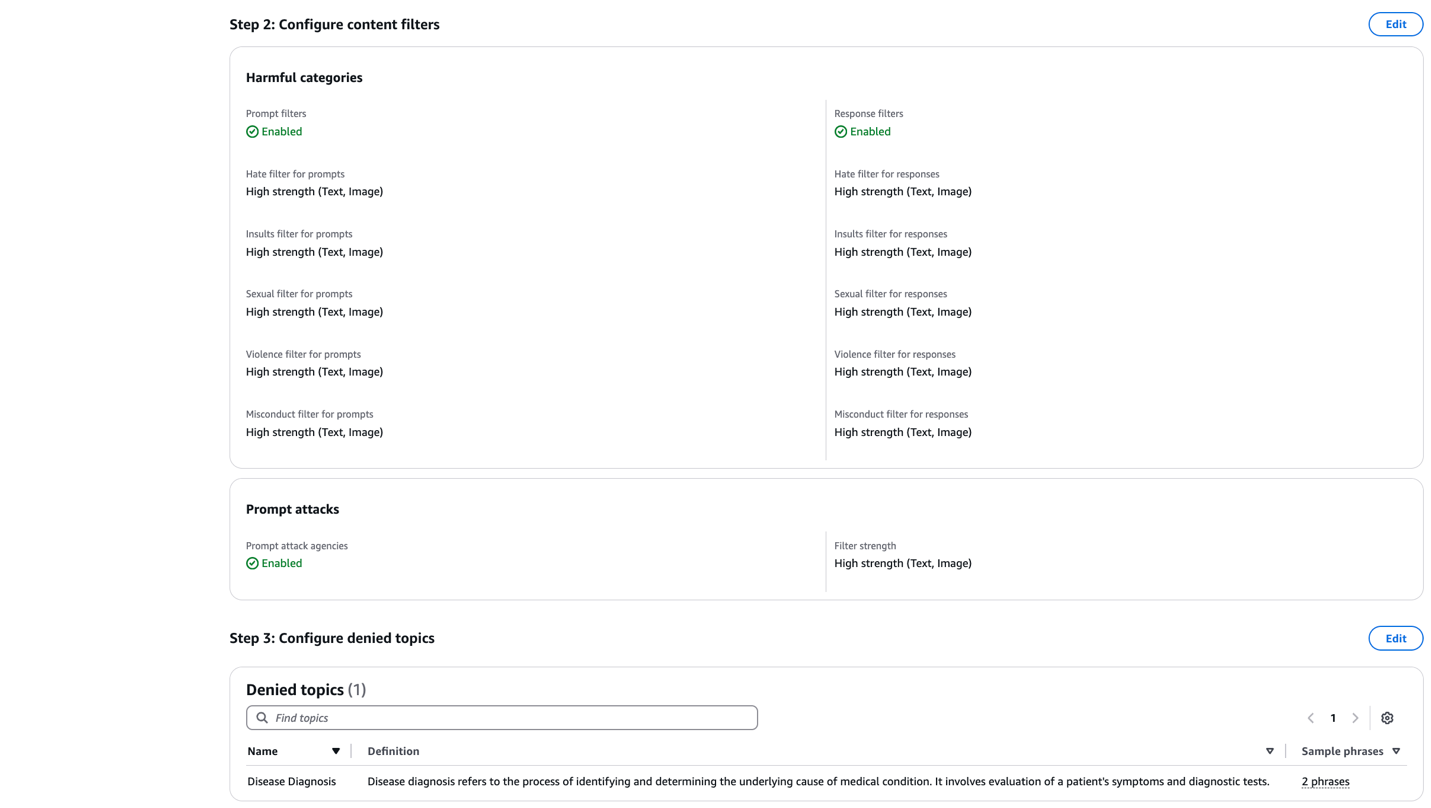 Amazon Bedrock Guardrail content filter configuration showing harmful categories and denied topics
