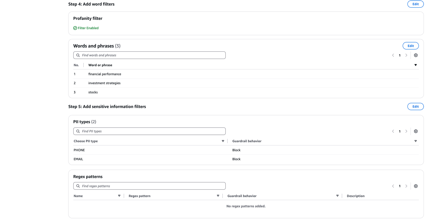 Amazon Bedrock Guardrail Steps 4-5 showing enabled profanity filter, word lists, and PII blocking settings