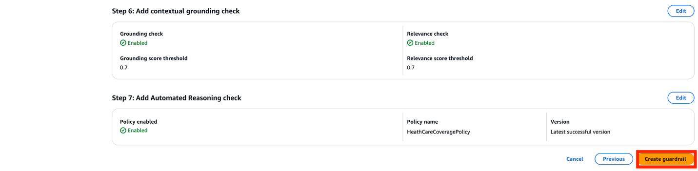 Amazon Bedrock Guardrail setup steps 6-7 with enabled grounding checks and HealthCareCoveragePolicy settings