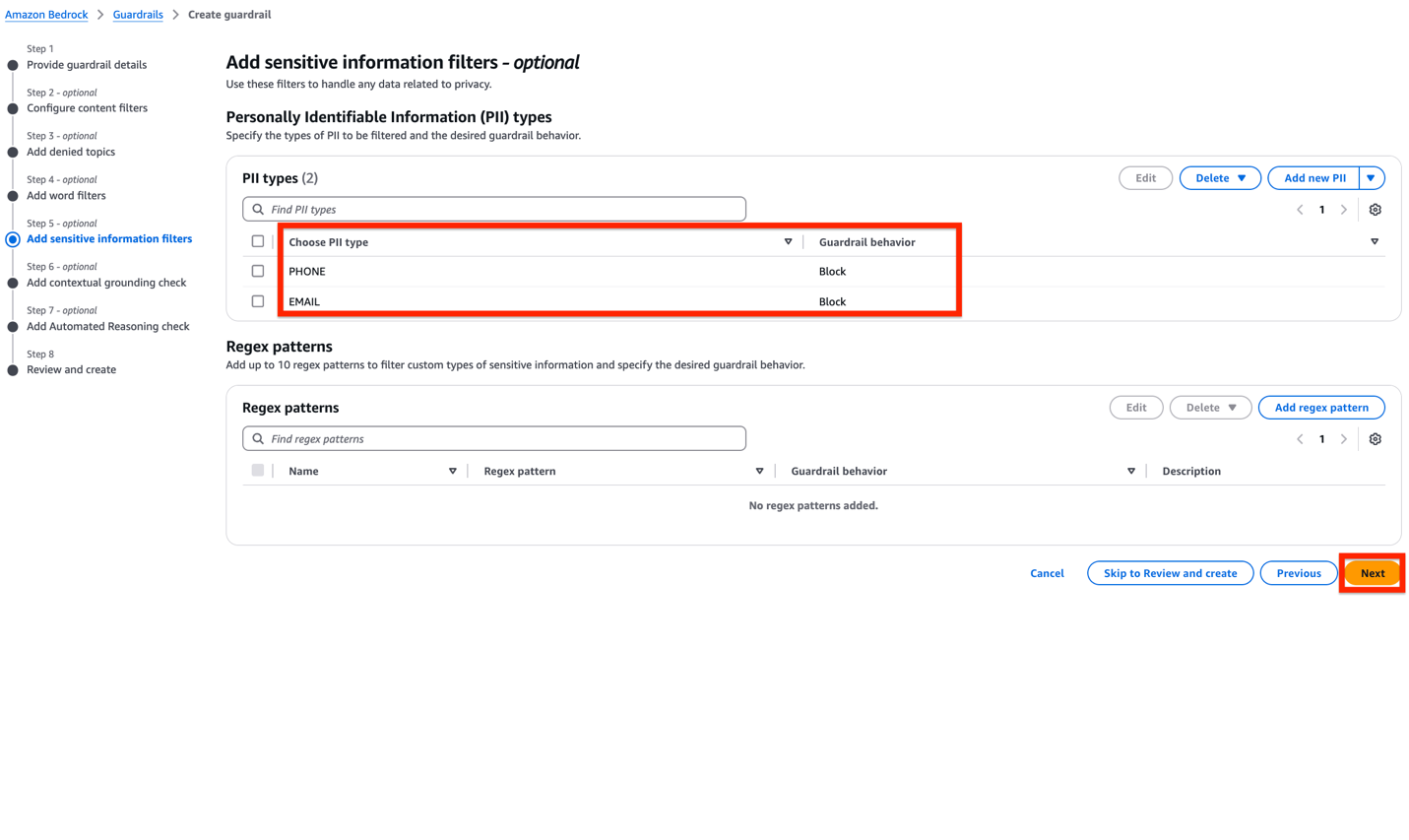 Amazon Bedrock interface for configuring sensitive information filters with PII and regex options
