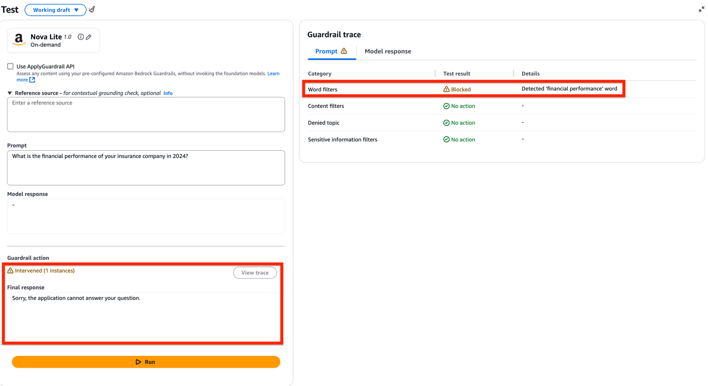 Amazon Bedrock interface showing blocked response due to guardrail word filter detection