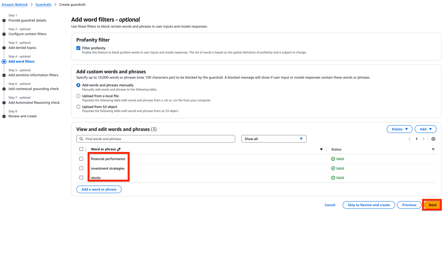Amazon Bedrock guardrail creation interface showing word filter configuration steps and options