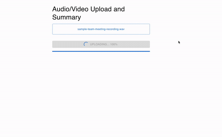 Audio/video upload and summary interface with completed file upload for team meeting recording analysis