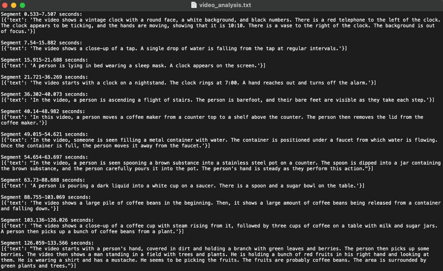 Detailed video analysis text file displaying 12 chronological segments with timestamps, describing a day's journey from waking up to coffee cultivation and brewing.
