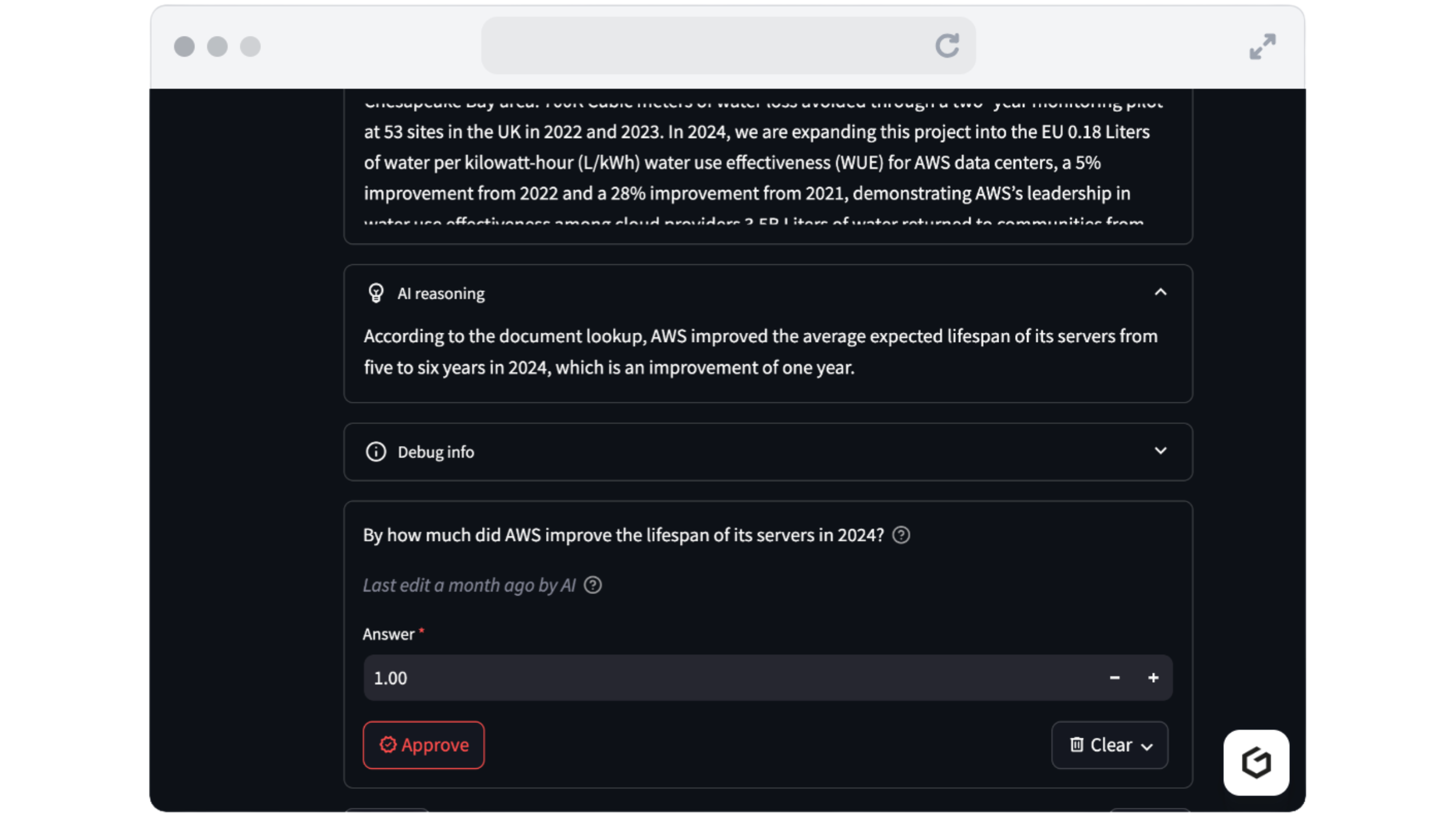 The user can review the steps in the AI agent’s reasoning to validate answers 