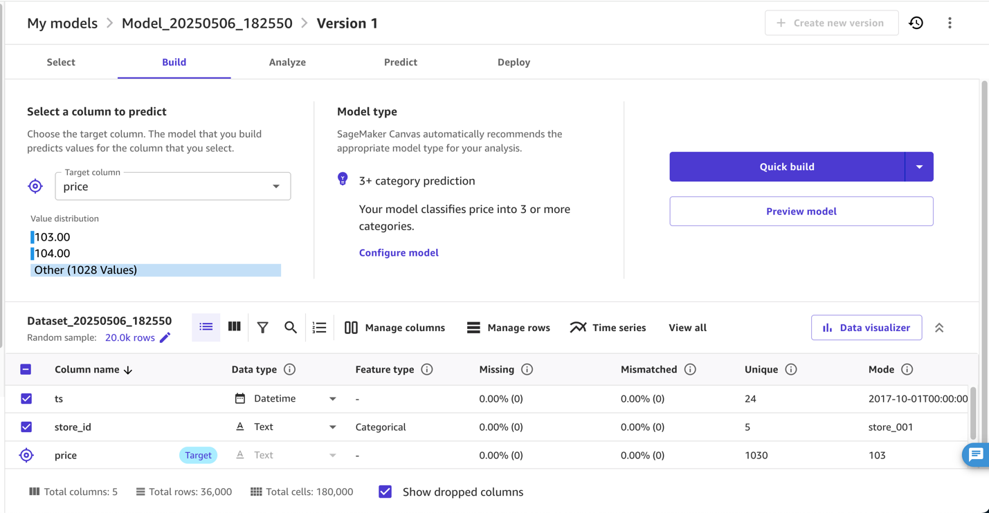 SageMaker Canvas Version 1 model configuration interface for 3+ category price prediction with 20k sample dataset analysis