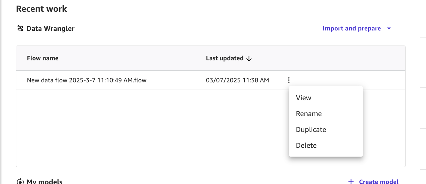 SageMaker Data Wrangler dashboard with recent data flow, last update time, and options to manage flows and create models
