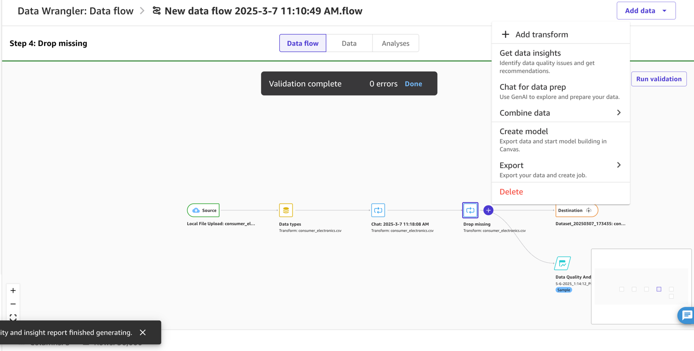Data Wrangler interface displaying validated data flow from local upload to drop missing step, with additional data preparation options