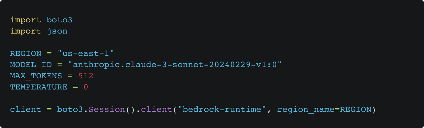 Python code configuring AWS Bedrock client with Anthropic Claude model and parameters