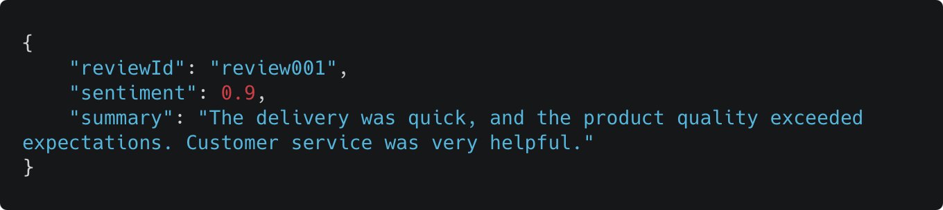 JSON format customer feedback data showing high sentiment (0.9) with positive comments on delivery, quality, and service