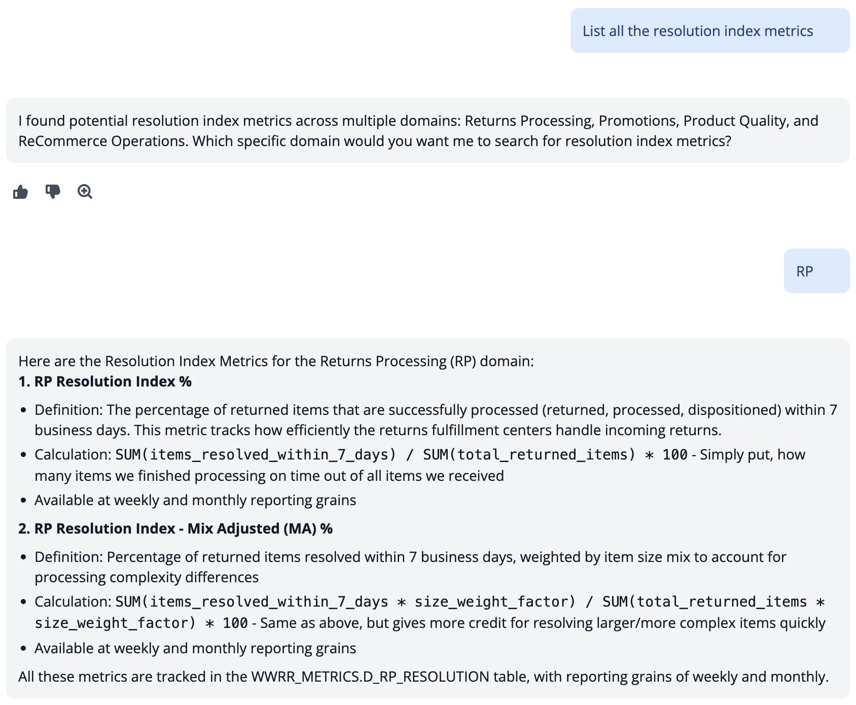 Screenshot of RRDA chat interface showing a conversation where user asks 'List all the resolution index metrics', system responds by identifying multiple domains and asking for clarification, user responds 'RP', and system provides detailed definitions for two Returns Processing resolution index metrics with calculations and business context.