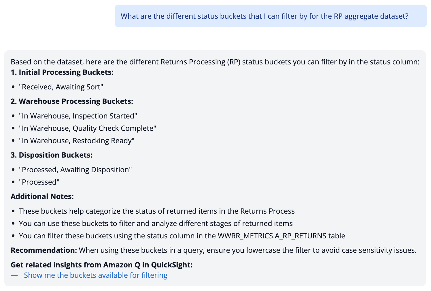 Screenshot of RRDA chat interface showing user asking about status buckets for RP aggregate dataset, with system response listing categorized status values including Initial Processing, Warehouse Processing, and Disposition buckets, along with usage notes and table reference information.