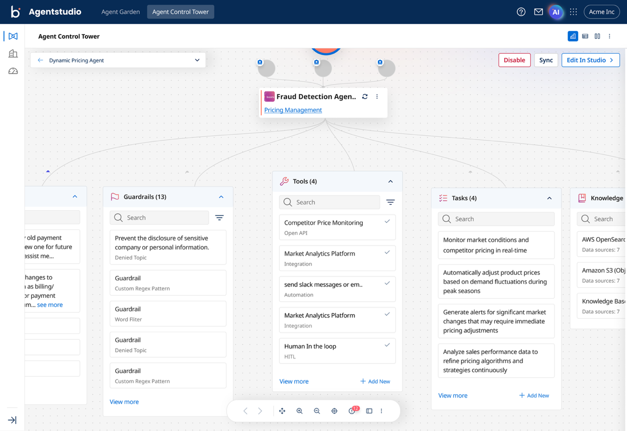 Comprehensive agent configuration interface with a button to disable the agent and displaying integrated tools, monitoring tasks, security controls, and knowledge base