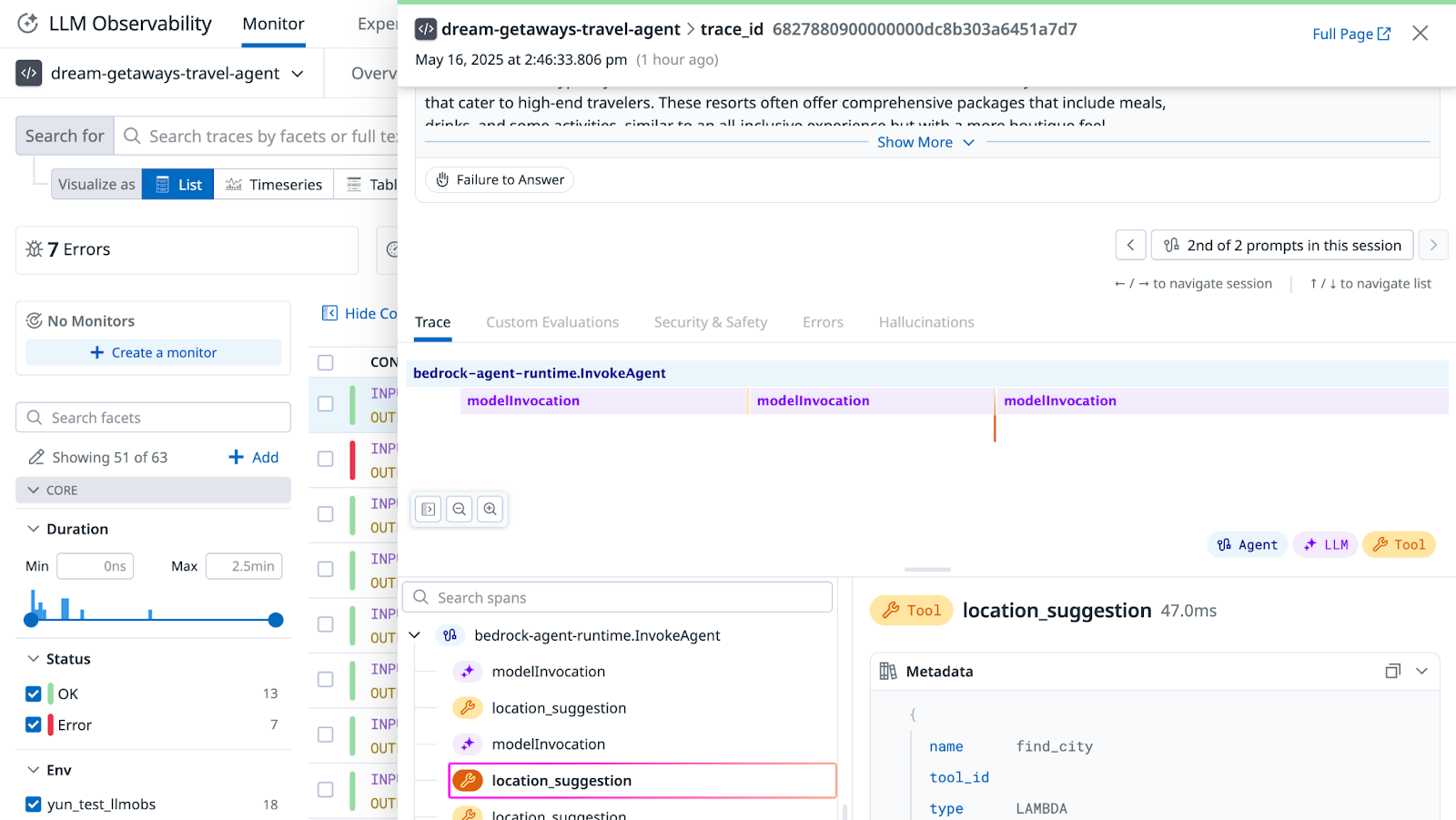 Travel agent bot trace details displaying bedrock runtime invocation, model calls, and location suggestion tool execution.