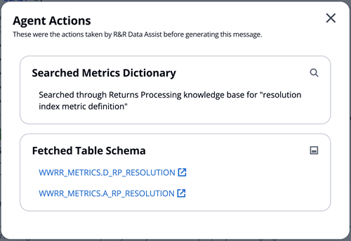 Screenshot of Agent Actions dialog showing transparency features, with two sections: 'Searched Metrics Dictionary' displaying a search through Returns Processing knowledge base for resolution index metric definition, and 'Fetched Table Schema' listing two tables WWRR_METRICS.D_RP_RESOLUTION and WWRR_METRICS.A_RP_RESOLUTION with external link icons.