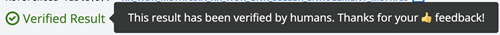 Semantic cache check mark saying "Verified Answer", with tooltip "This result has been verified by humans. Thanks for providing feedback"