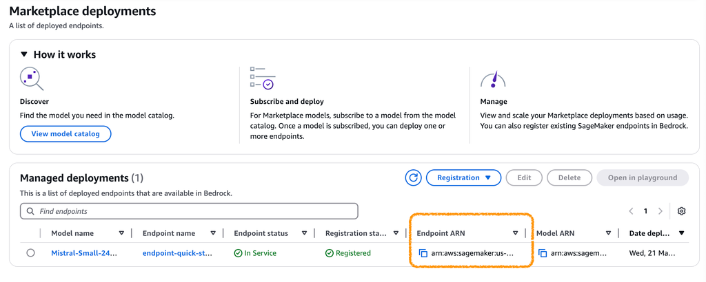 AWS Bedrock marketplace deployments interface with workflow steps and active Mistral endpoint