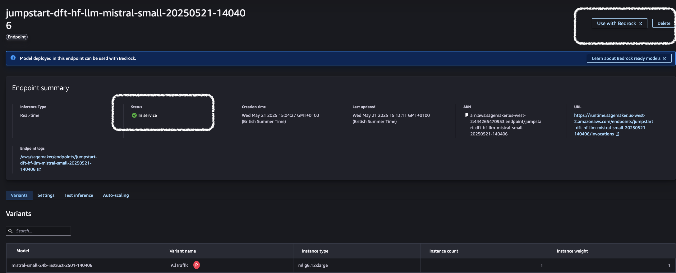 SageMaker real-time inference endpoint for Mistral small model with AllTraffic variant on ml.g6 instance