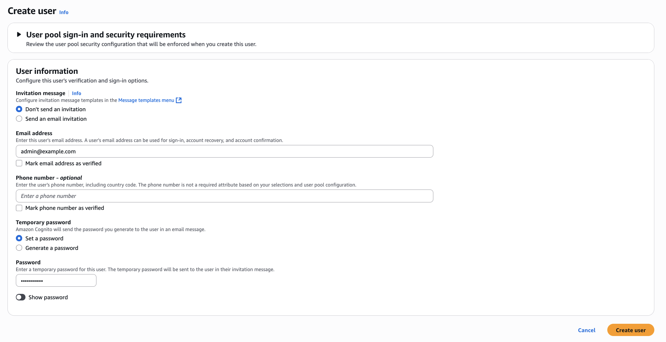 Amazon Cognito User Creation