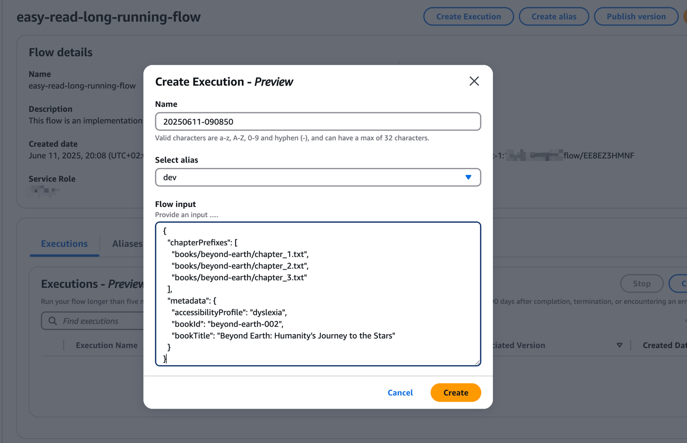 AWS Bedrock Flow execution setup modal with name, alias selection, and JSON configuration for book processing