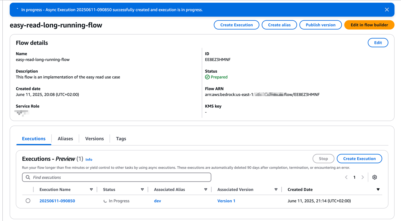 AWS Bedrock Flow dashboard displaying flow details and active execution status for easy-read implementation
