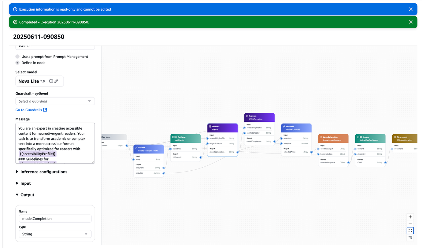 AWS Bedrock interface with LLM settings, prompt configuration, and service workflow visualization