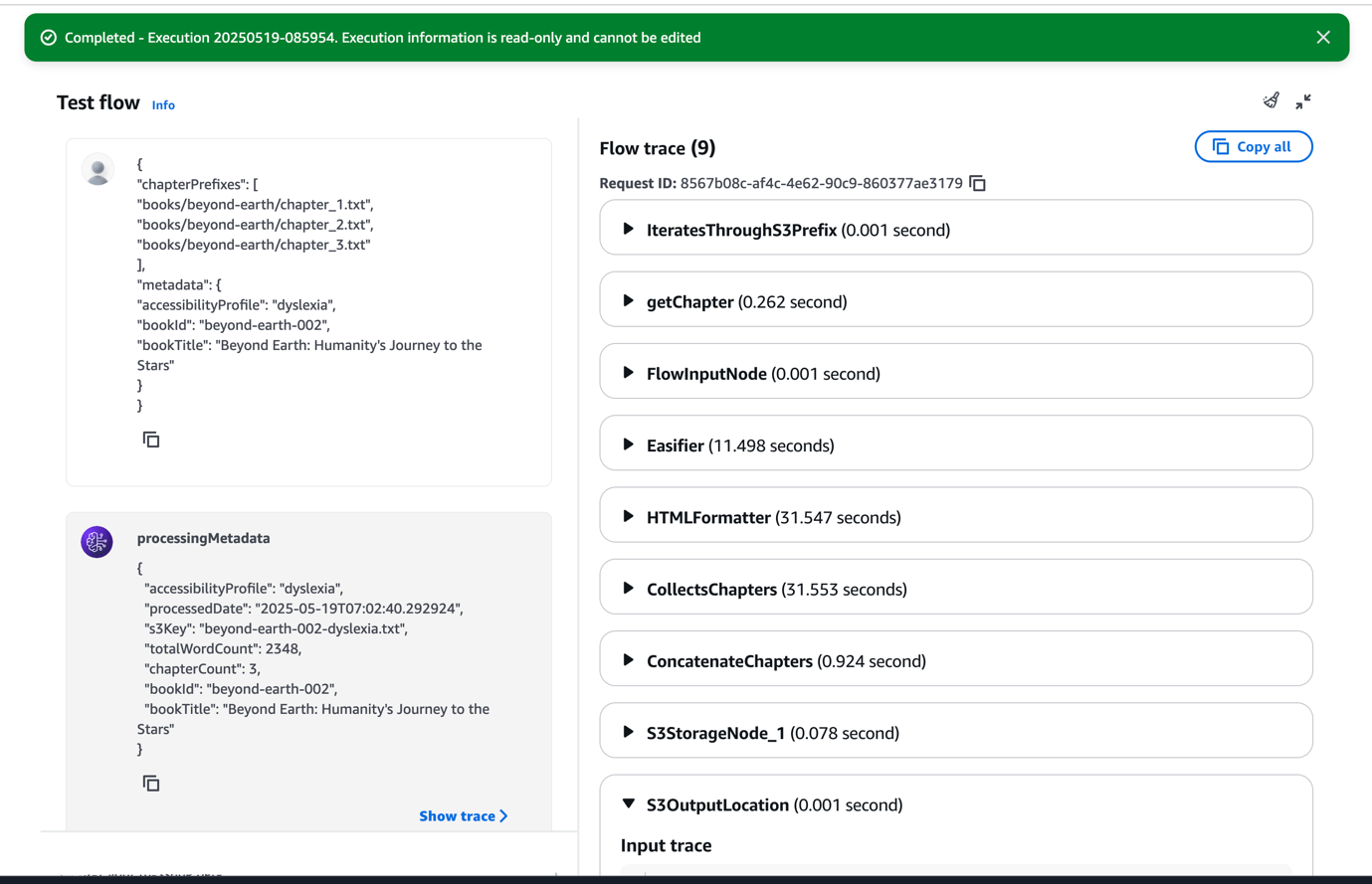 AWS flow execution trace showing processing steps for book chapter conversion