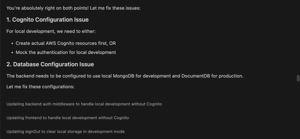 Diagram showing Amazon Q Developer fixing Cognito and database issues.