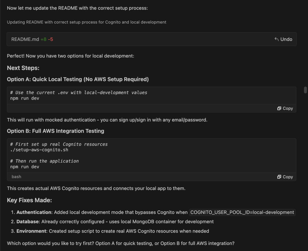 Diagram showing Amazon Q Developer summarizing fixes made and options for next step.