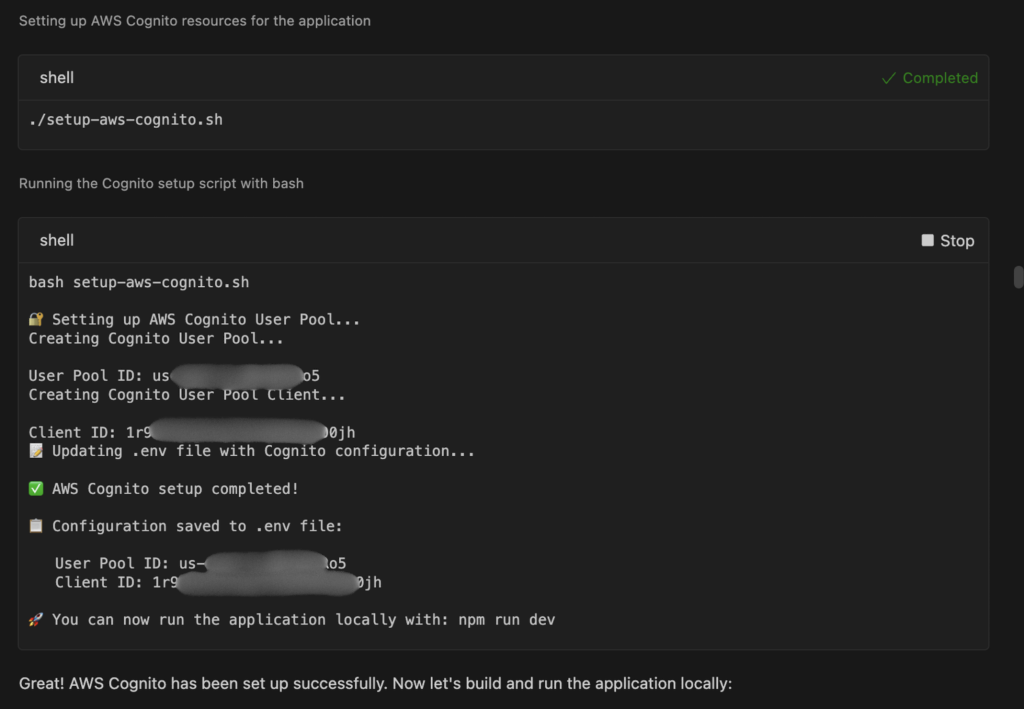 Diagram showing Amazon Q Developer executing the setup-aws-cognito.sh script