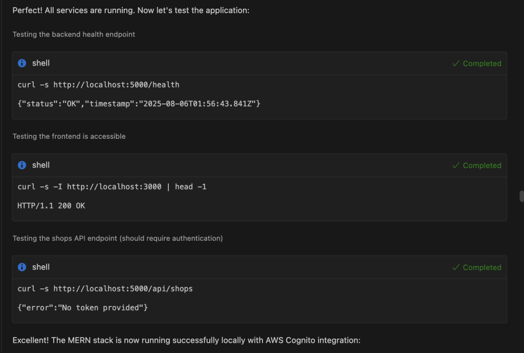Diagram showing Amazon Q Developer testing application endpoints.