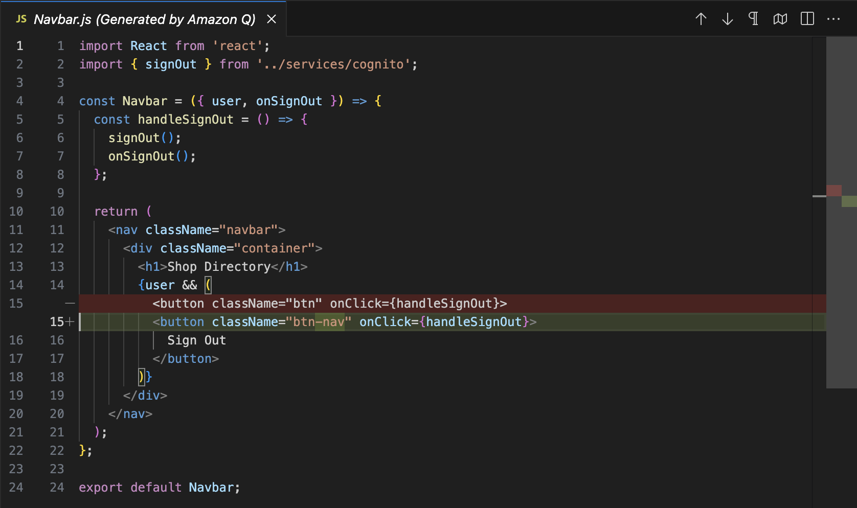 Diagram showing the diff of Amazon Q Developer adding a new button class to fix a display issue