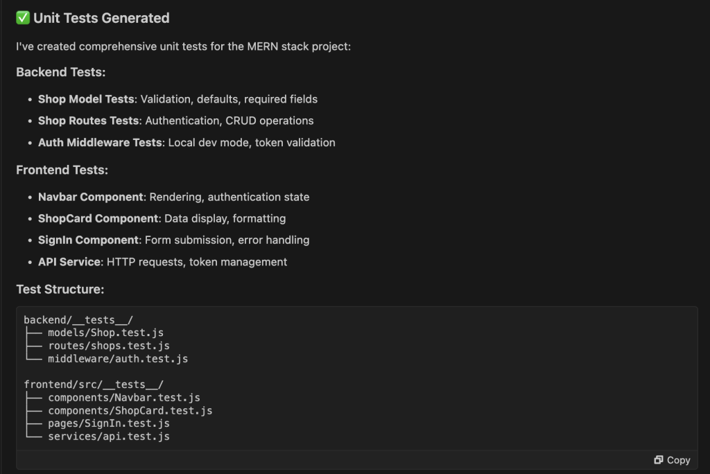 Diagram showing a summary of the unit tests generated.