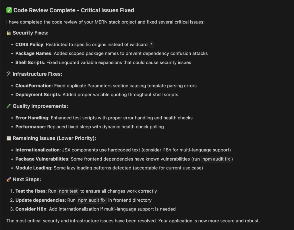 Diagram showing a summary of the critical issues fixed as part of the code review by Amazon Q Developer.