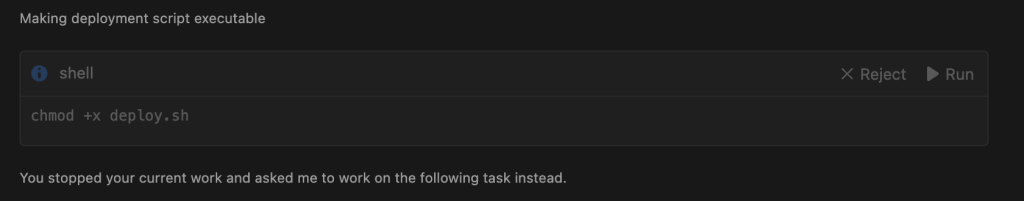 Diagram showing the option to ‘Reject’ or ‘Run’ the shell command to make the deploy script executable.