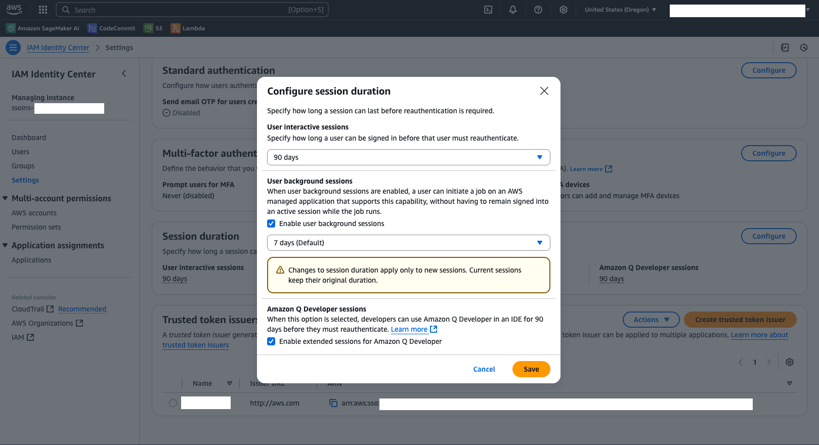 screenshot showing how to update the background session duration for users in iam identity center